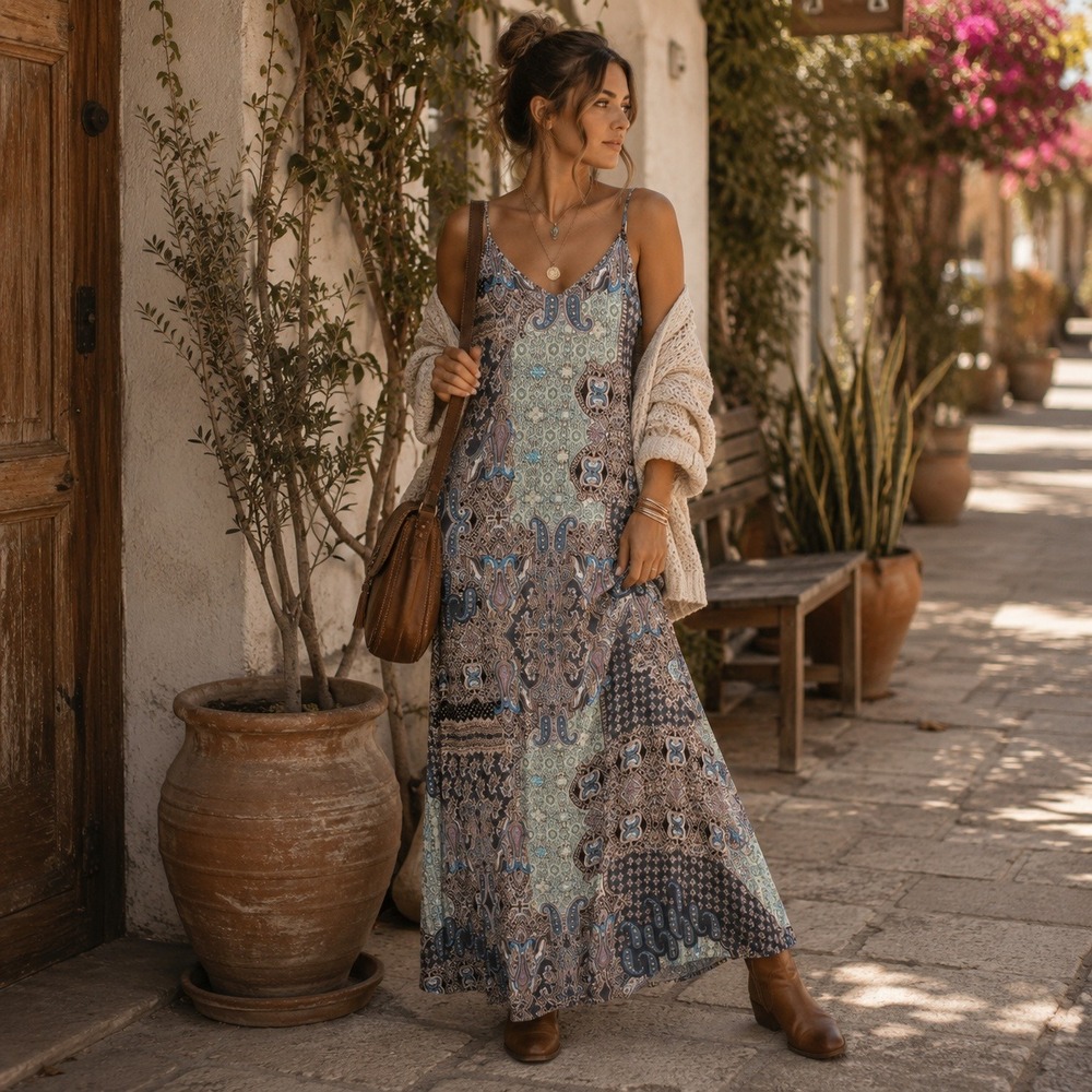 Staring at Stars Womens Blue Paisley Patchwork Maxi Dress Adjustable Straps M